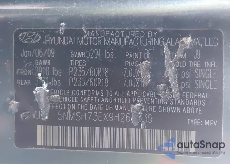 2009 Hyundai Santa Fe Limited z USA, uszkodzony, nr VIN 5NMSH73EX9H264339